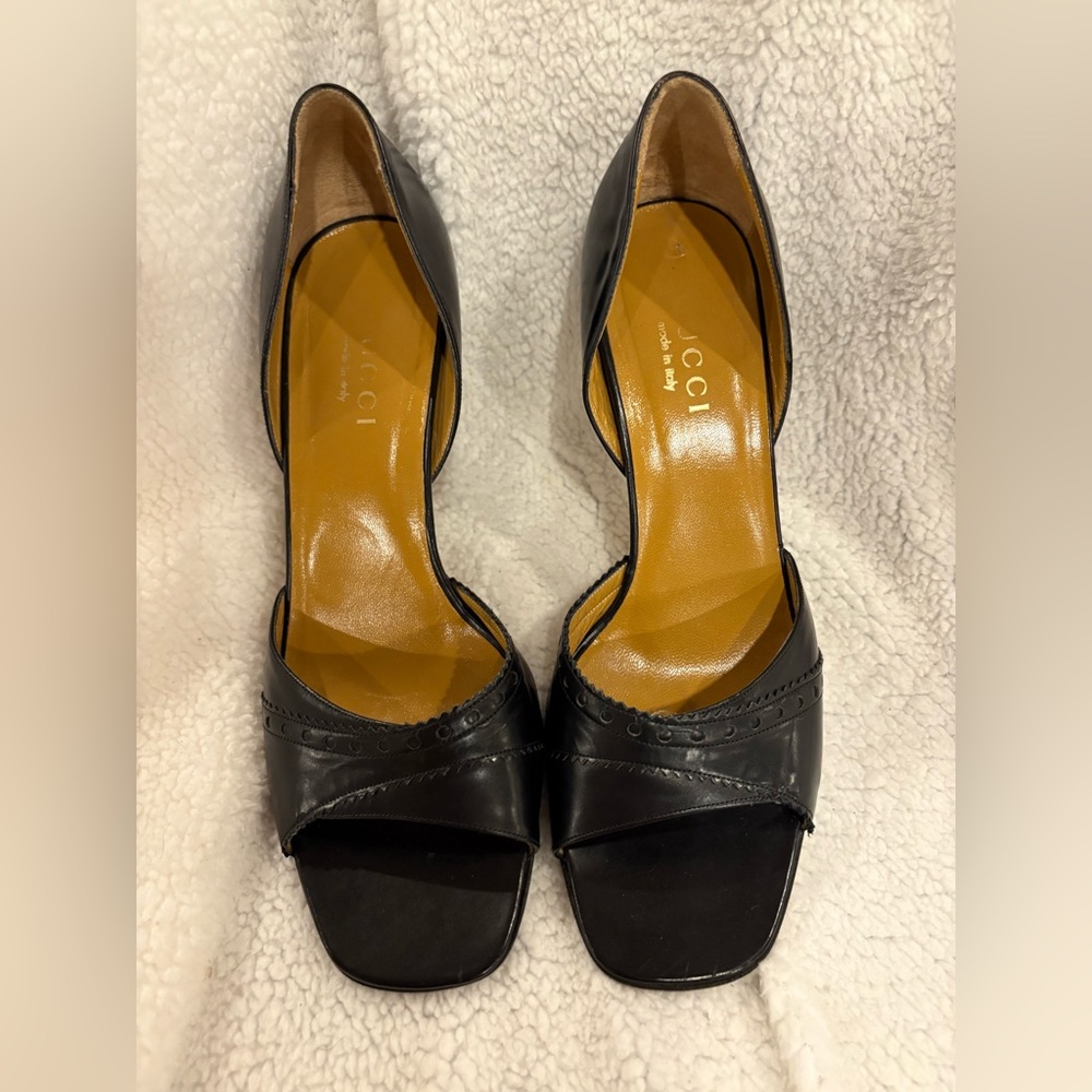 Gucci Black Leather Open Toe Wooden Heels Pumps Size 8.5